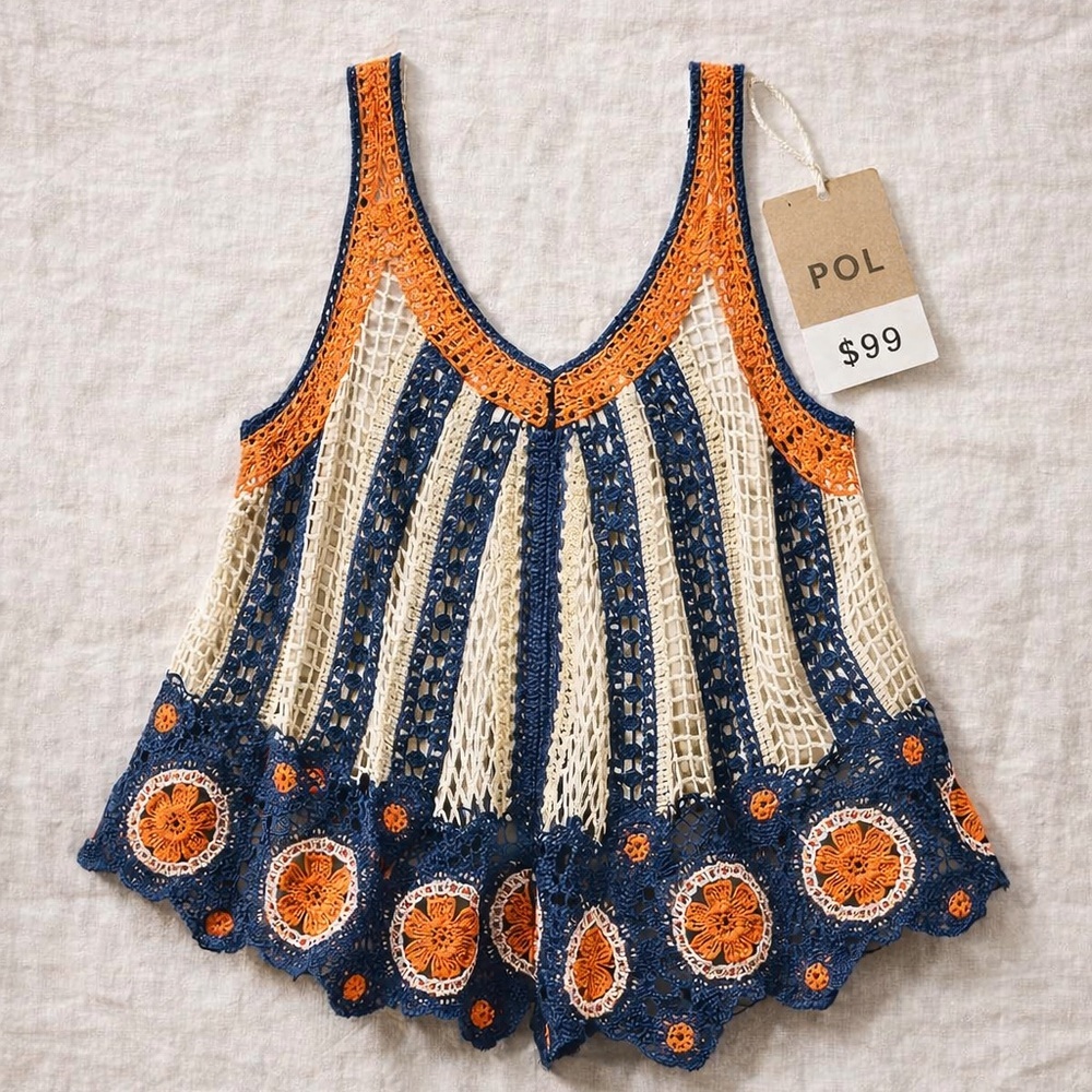 POL Crochet Sleeveless Indigo Top NWT One Size Boho Summer Festival